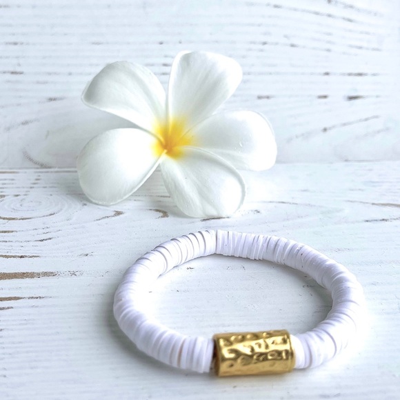 Heishi Bead Bracelet with Gold Tube Accent - White - Picture 1 of 4
